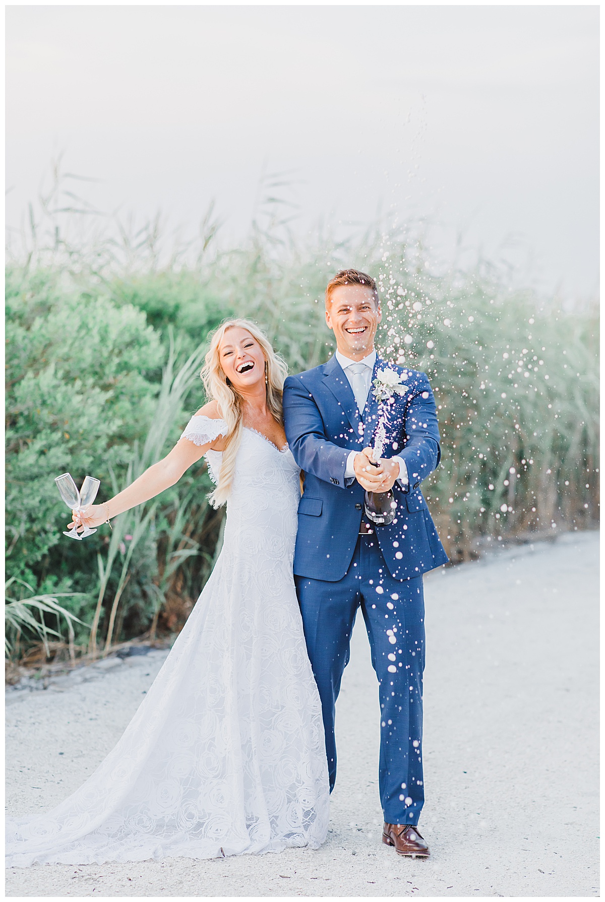 Bride and Groom Champagne Pop on Wedding Day 