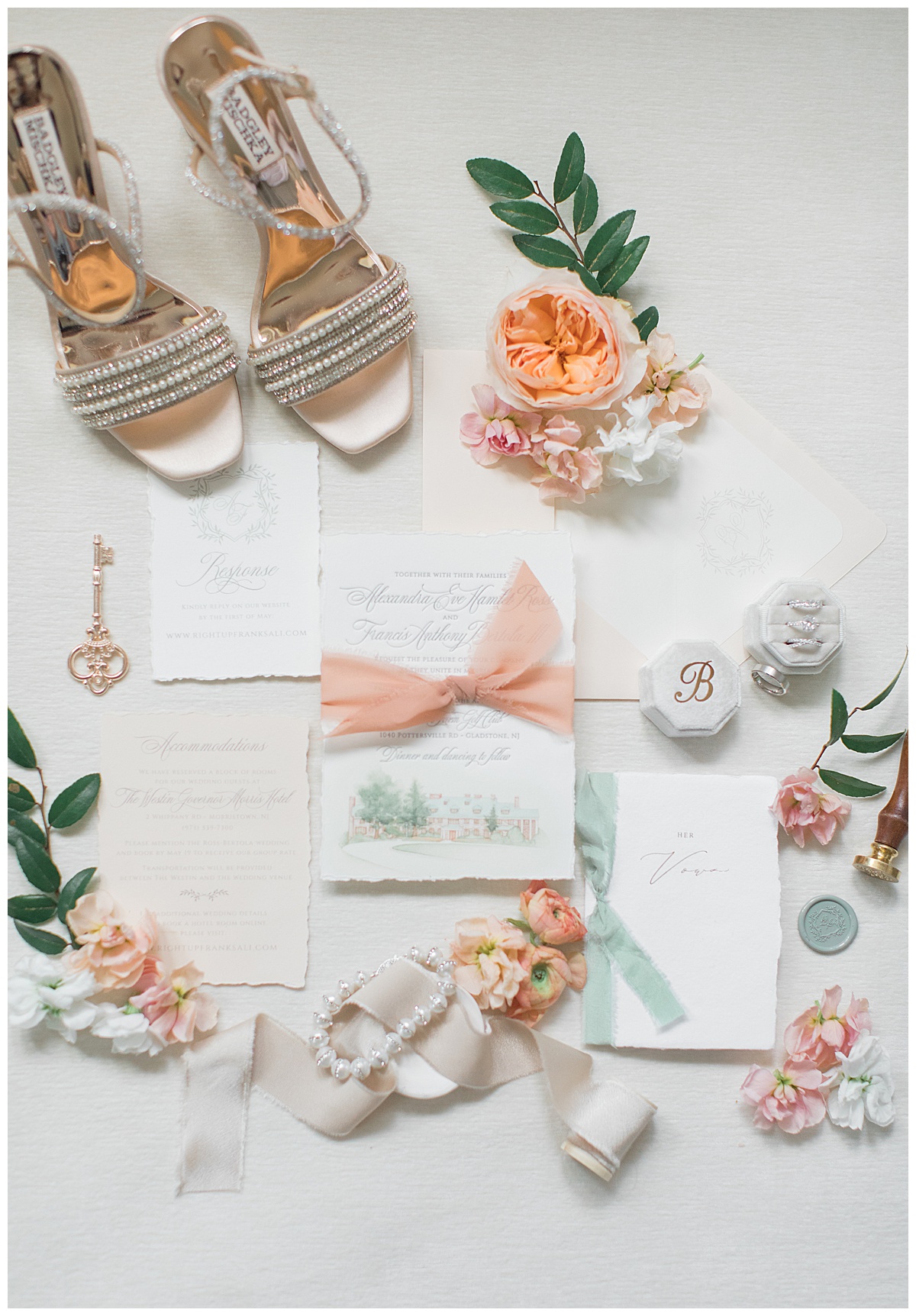 invitation suite with peach and mint colors 