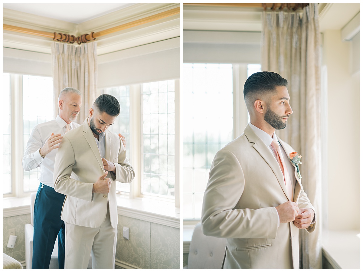 dad helping groom get ready on wedding day 