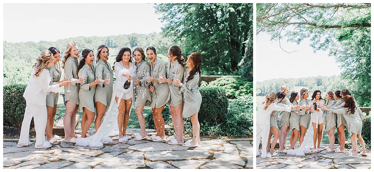 bridesmaids popping champagne at Hamilton farm golf club