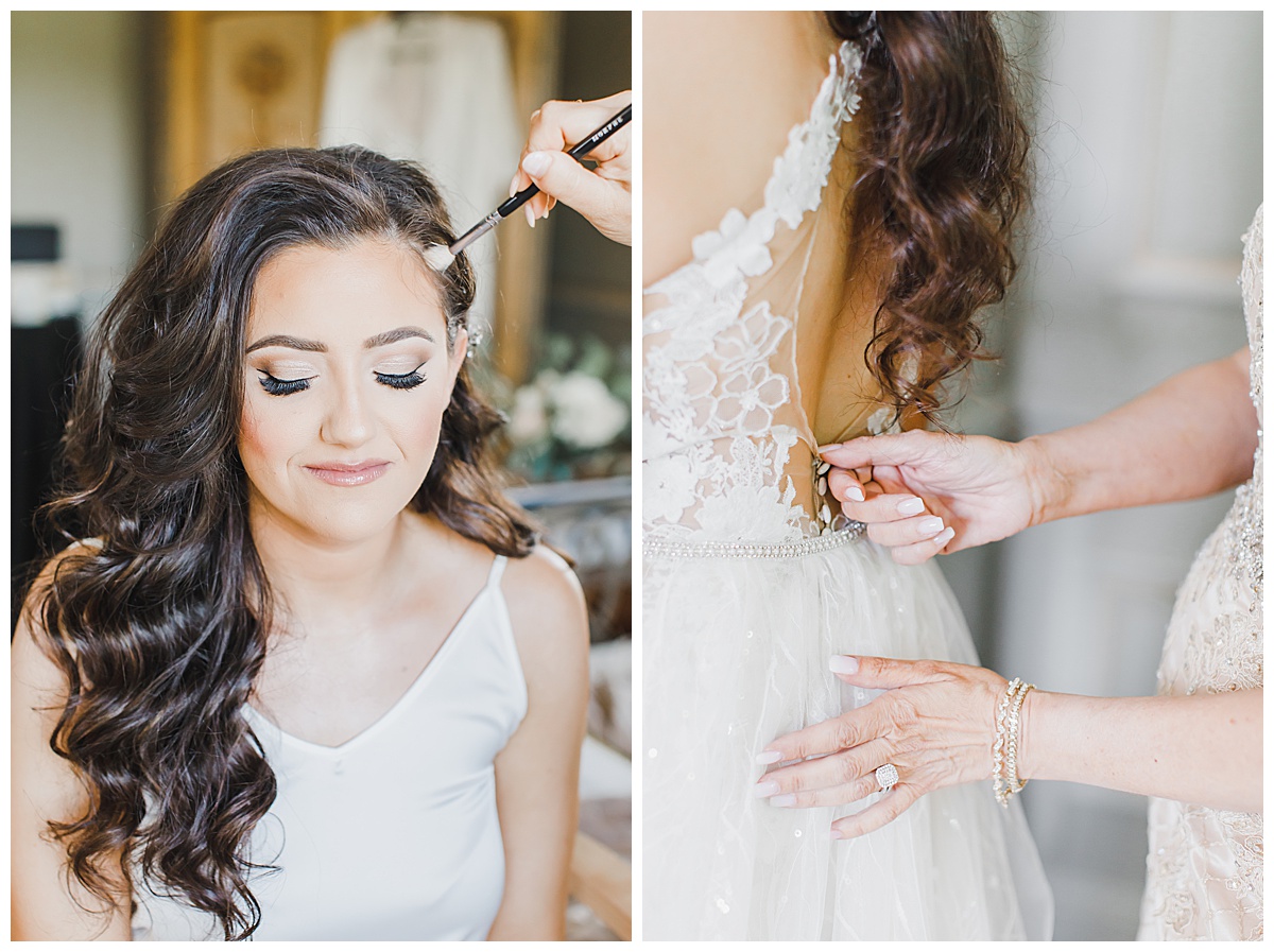 bride zipping dress and getting makeup done 