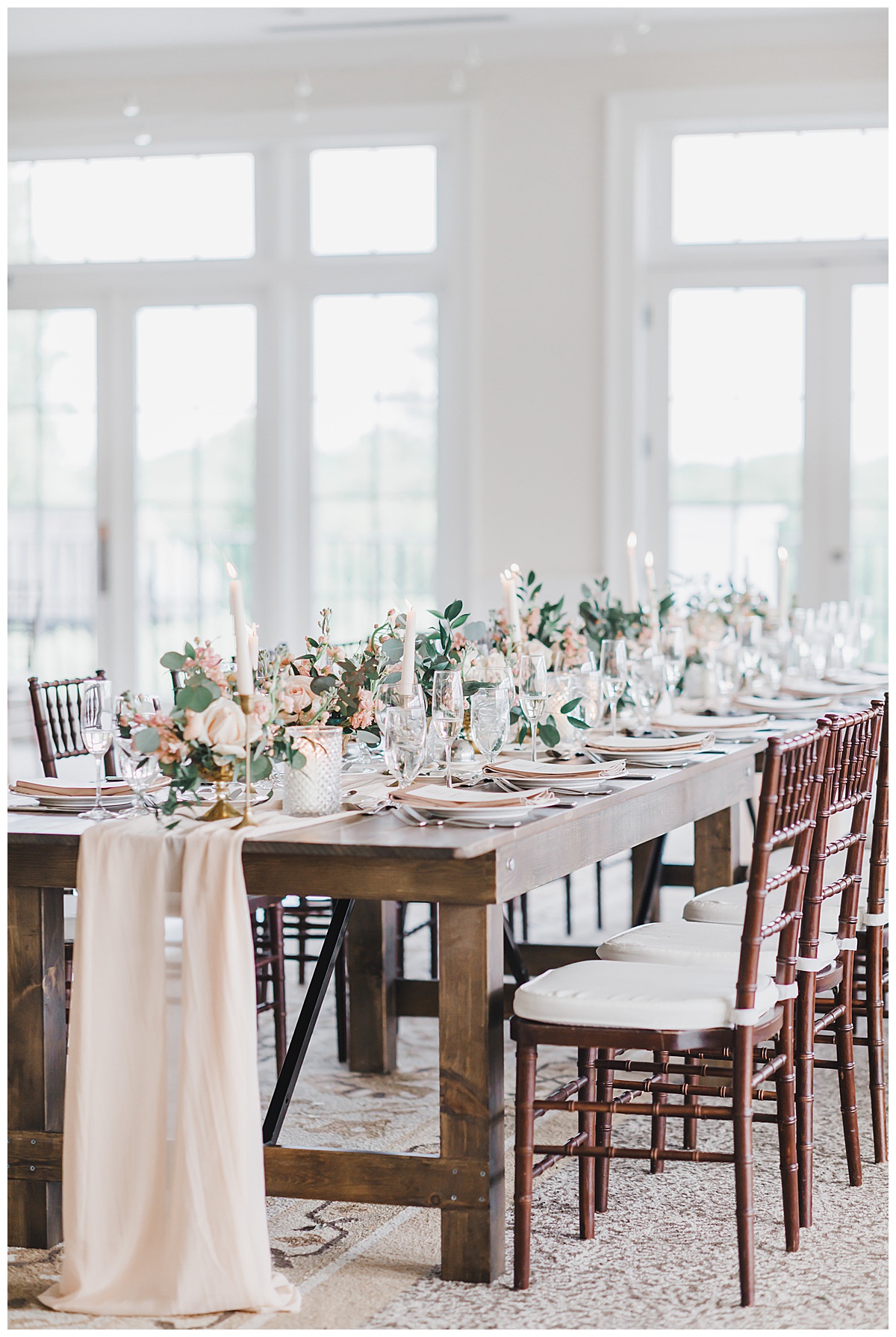 farm tables wedding day with blush tones 
