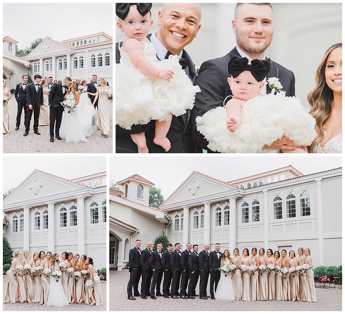 bridal party in black tuxedos and champagne satin dresses 