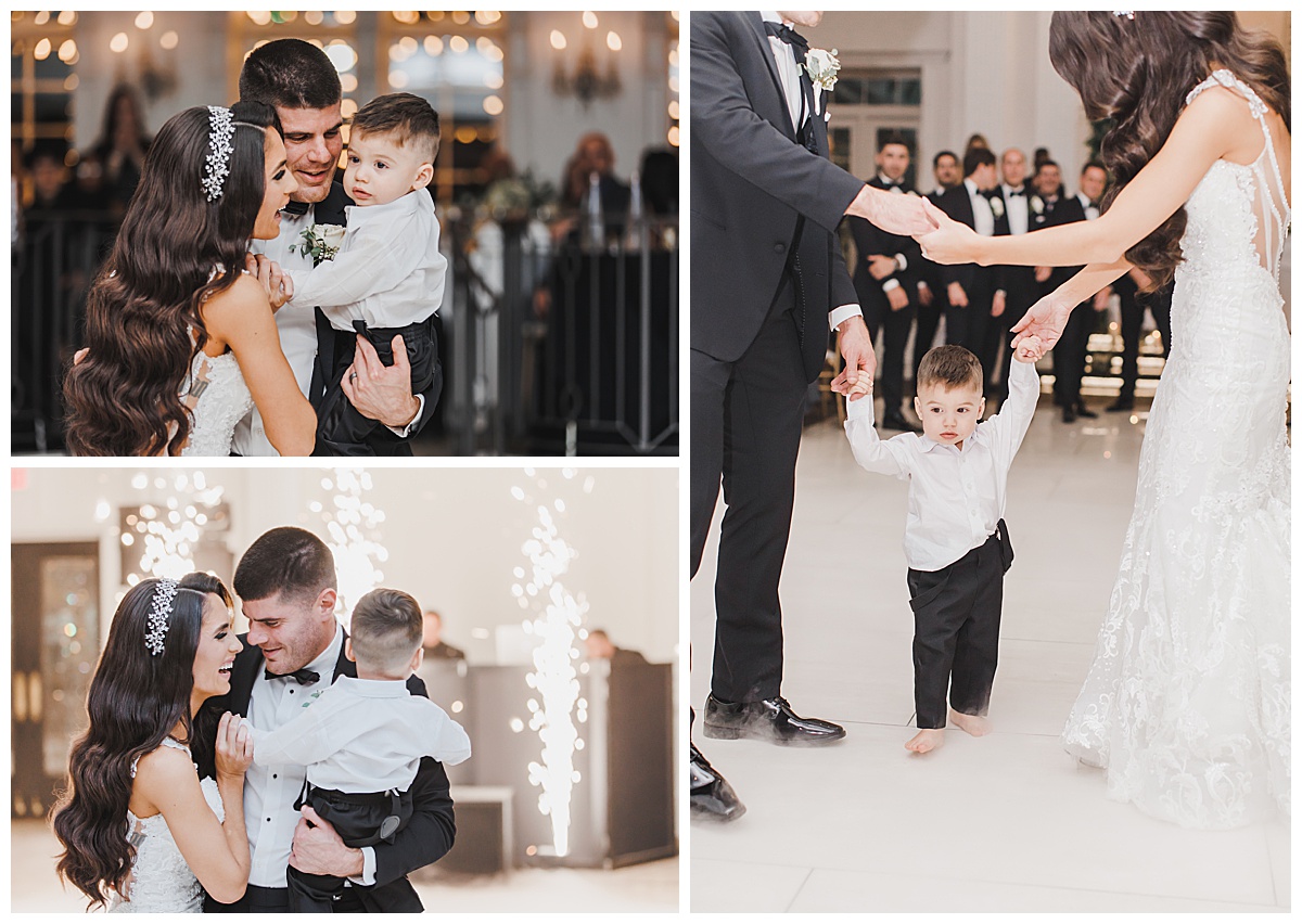bride and groom dancing with their son 