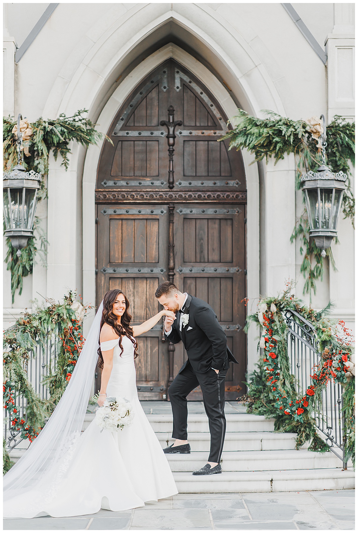 bride and groom in front of chapel at park chateau 