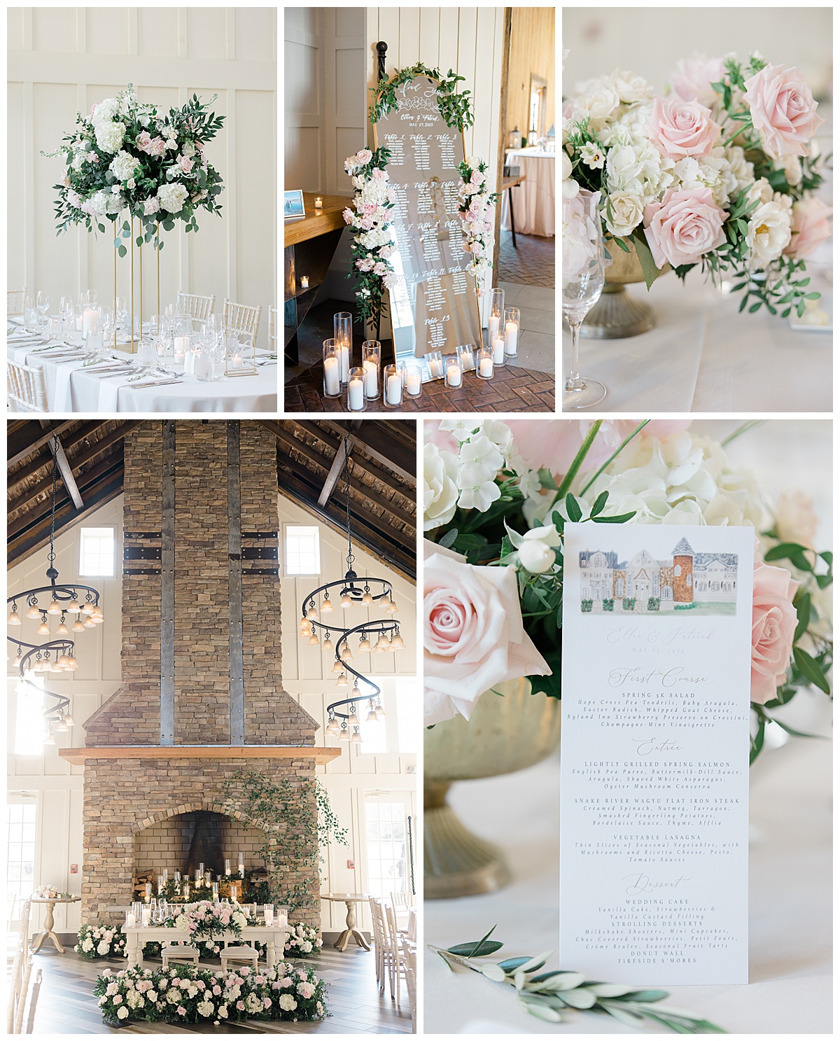 bride and groom floral arrangements in coach house at Ryland inn 