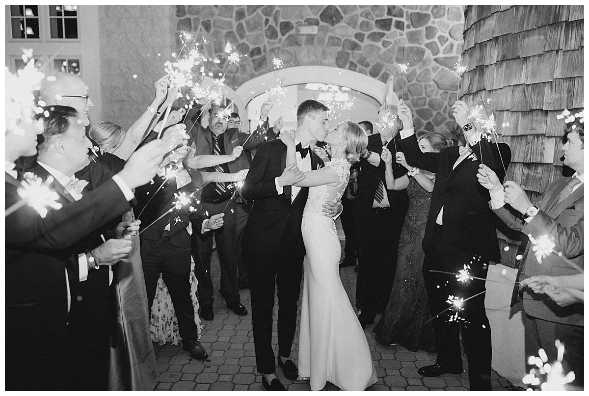 bride and groom black and white sparkler exit at Ryland inn 