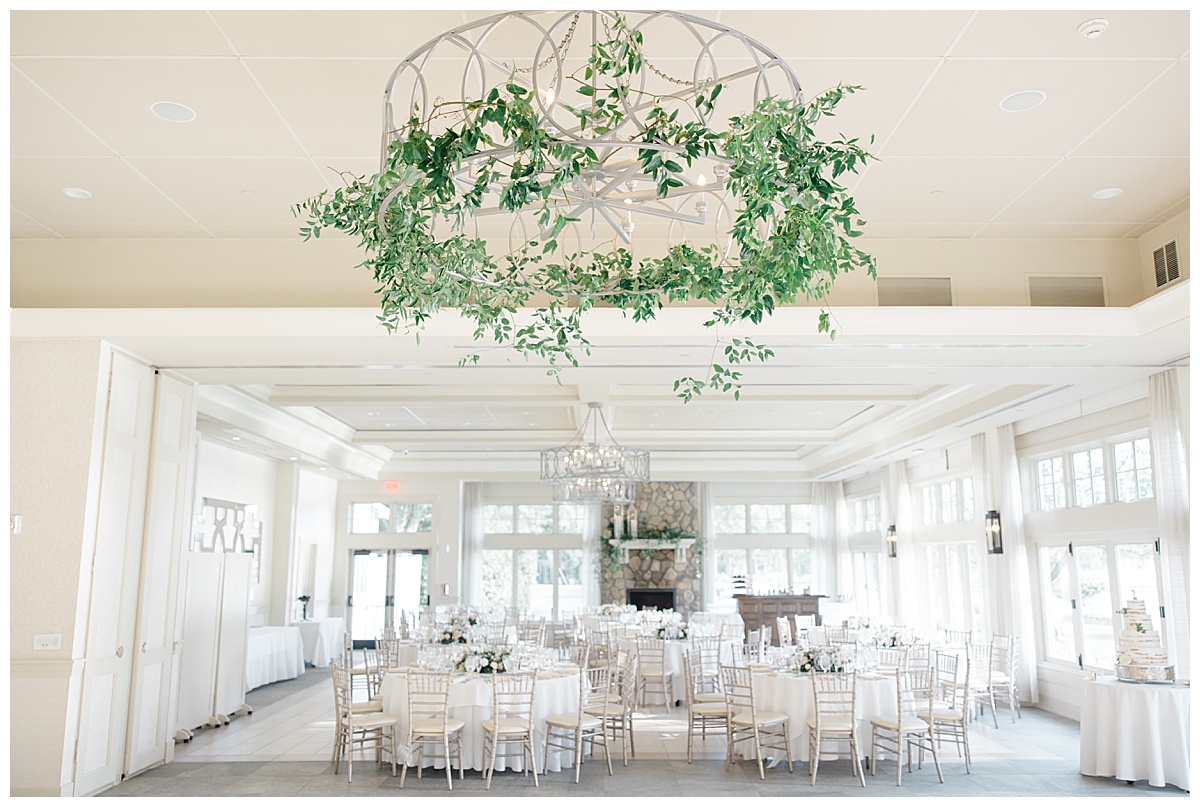 Indian Trail Club ballroom with greenery from chandelier 