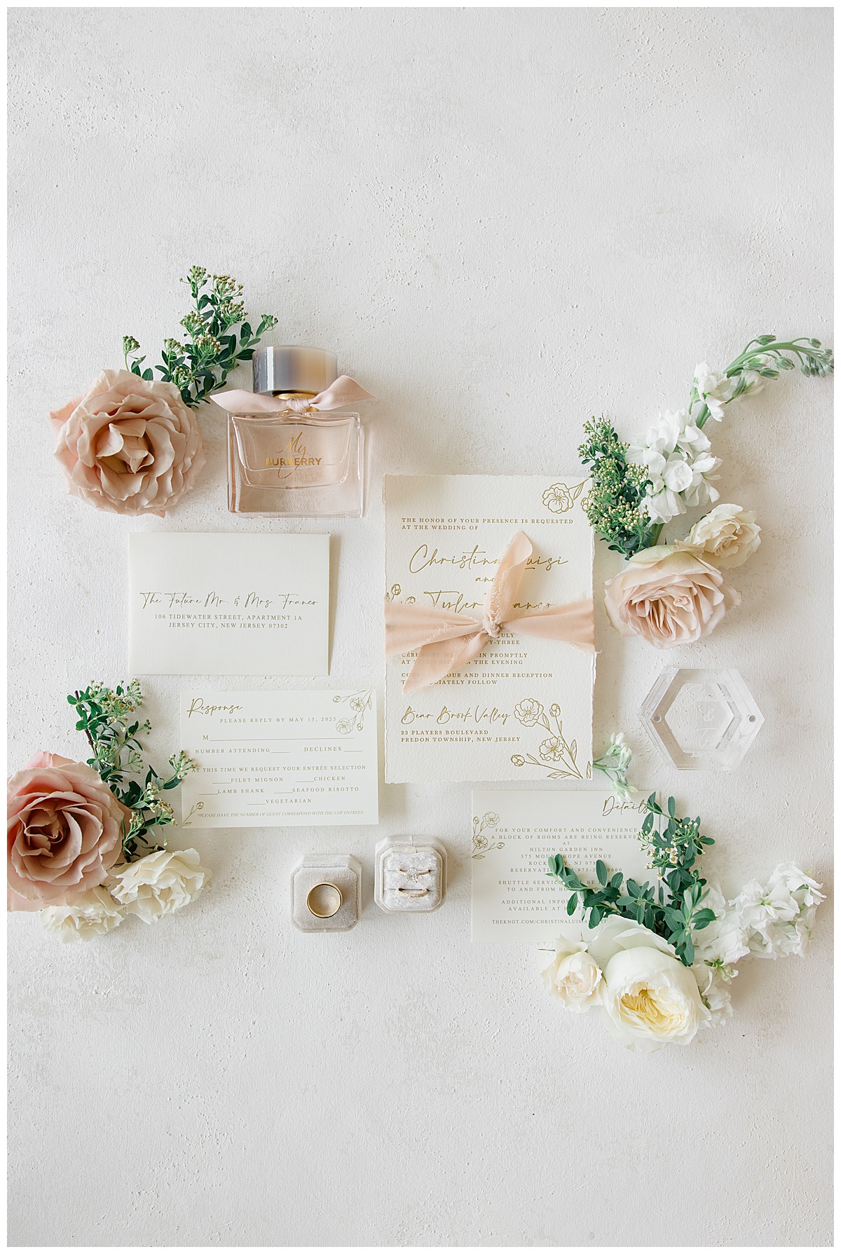 Blush pink and ivory invitation suite for Bear Brook Valley wedding. 