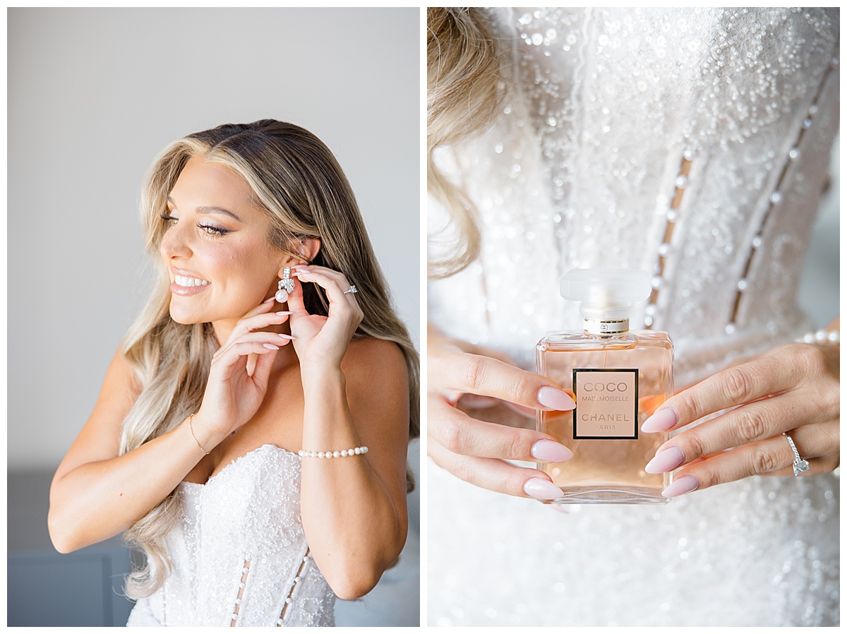 Bride putting on earrings and holding coco Chanel perfume. 
