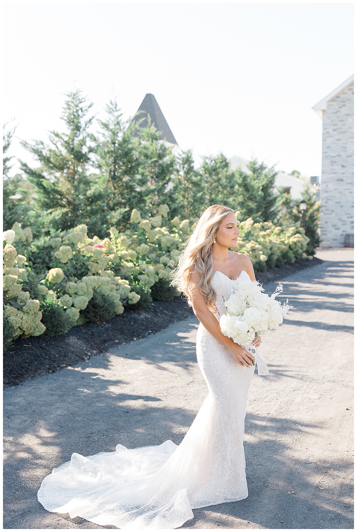 Bride with beautiful hydrangeas in front of Champagne Ballroom at Renault Winery. 