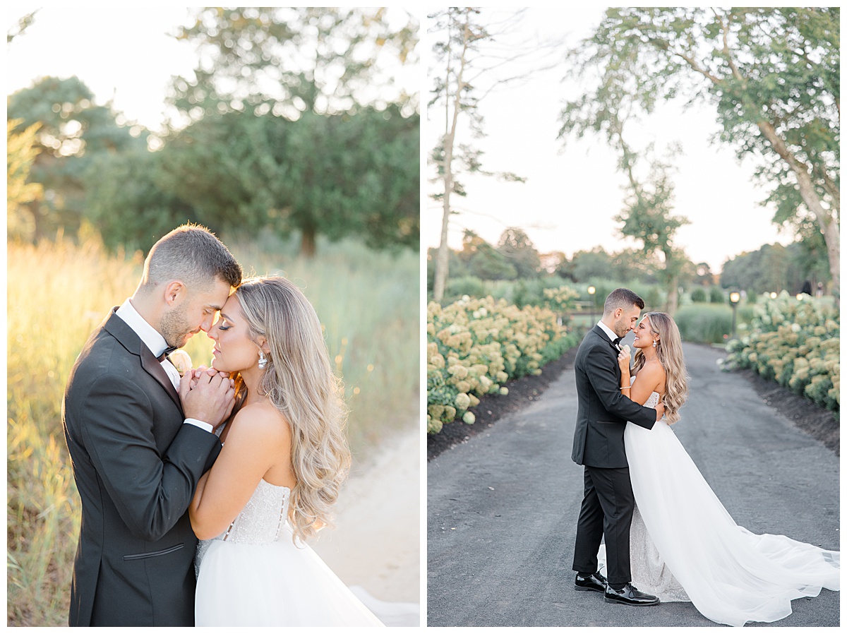 Bride and groom foreheads touching with eyes closed at Renault Winery during golden hour. 