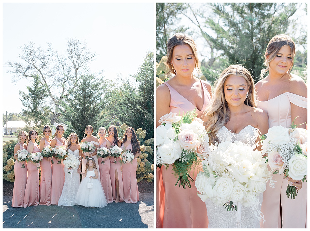 Bridesmaids wearing blush pink silk bridesmaid dresses with white bouquets.