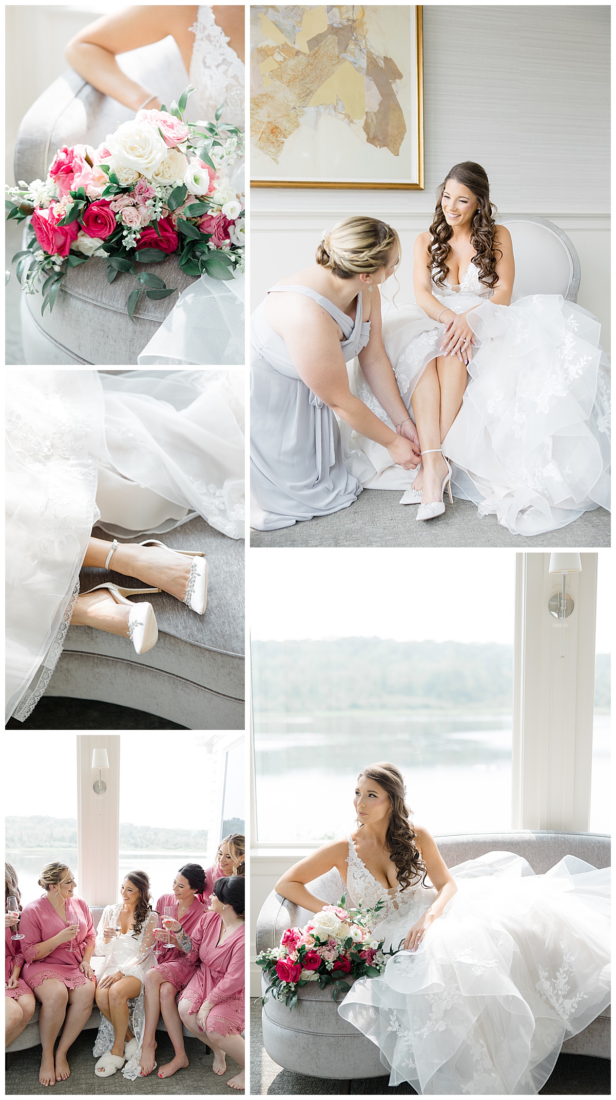 bride laying on couch wedding day 