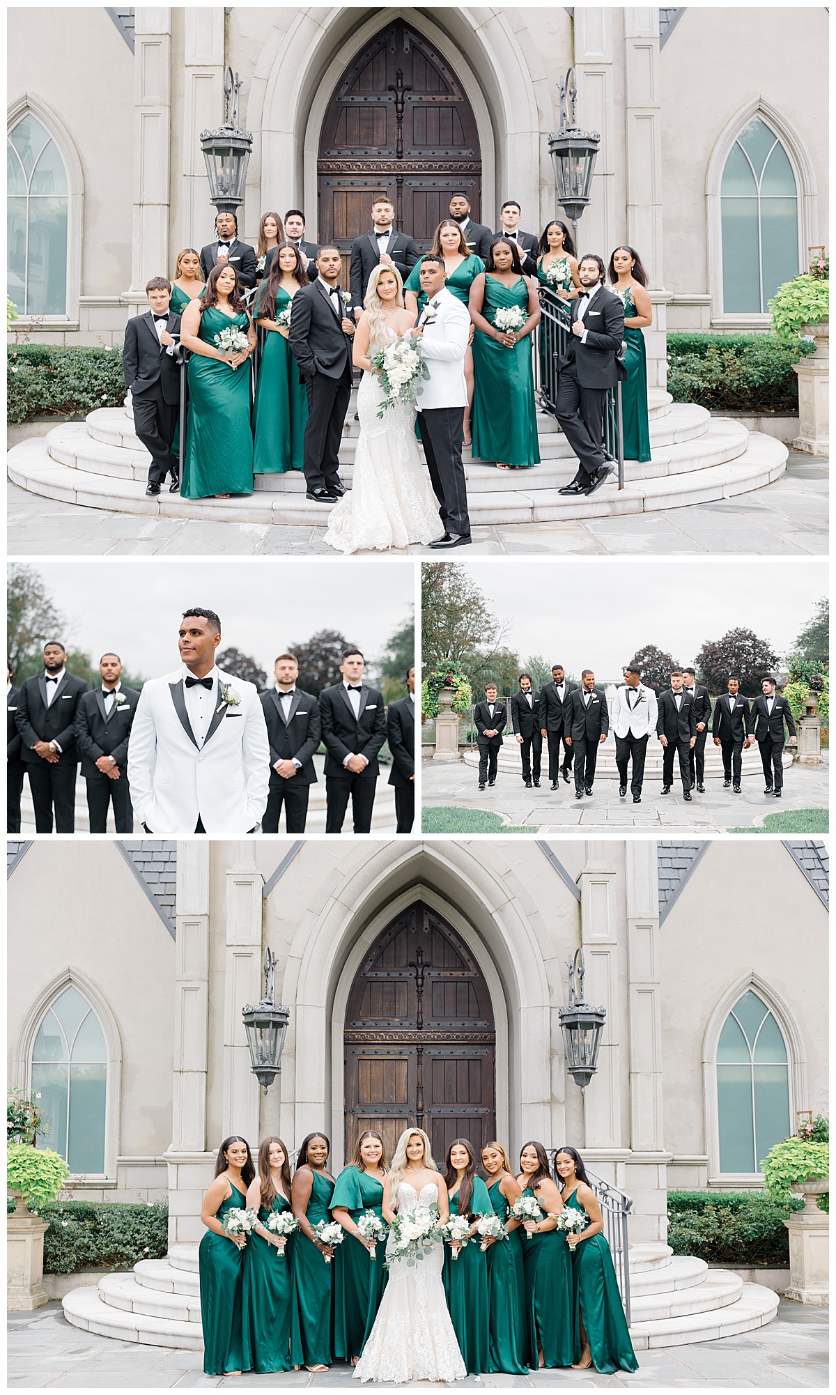 bridal party with emerald green satin 