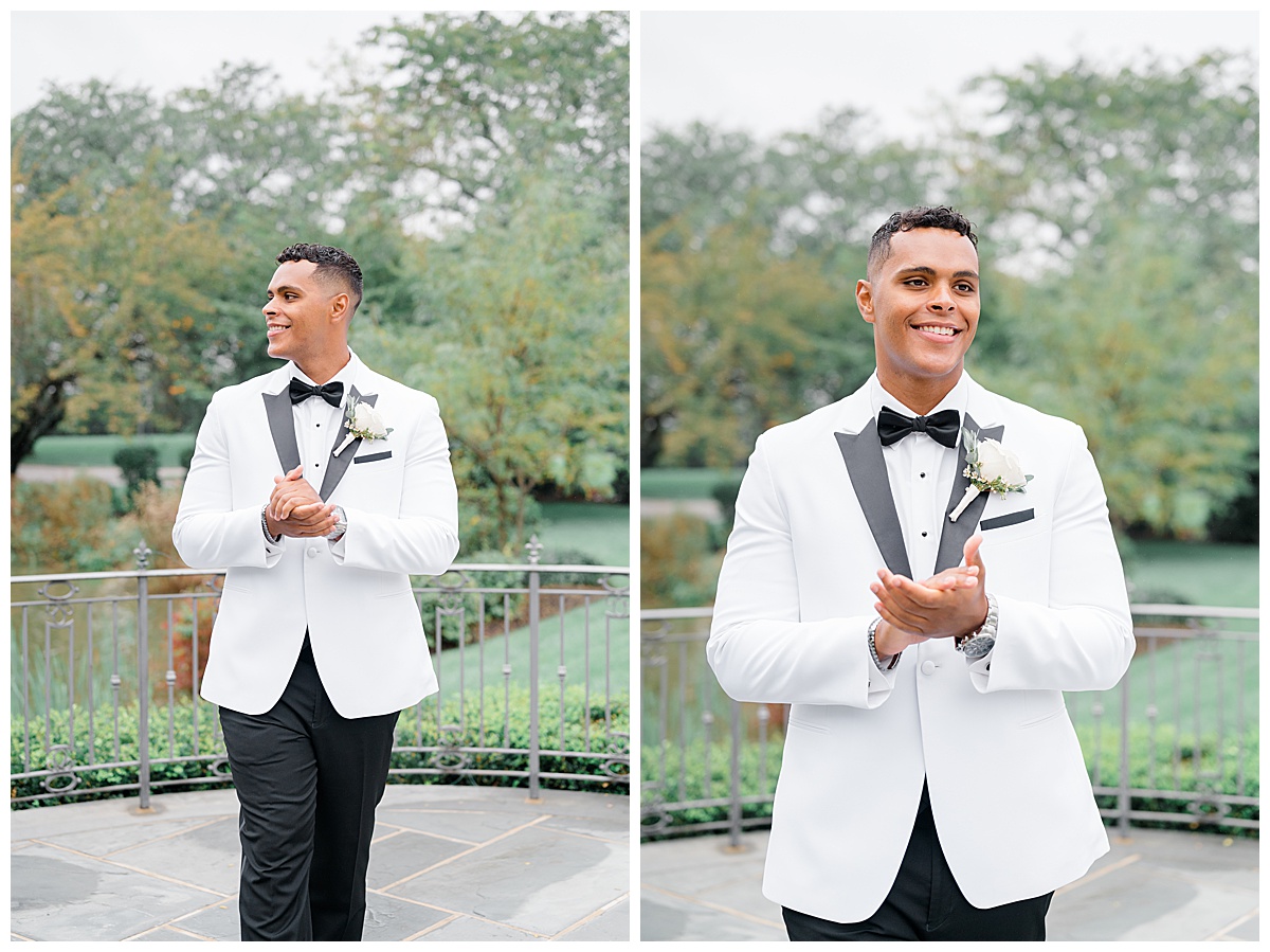 groom in white tuxedo jacket at park chateau 