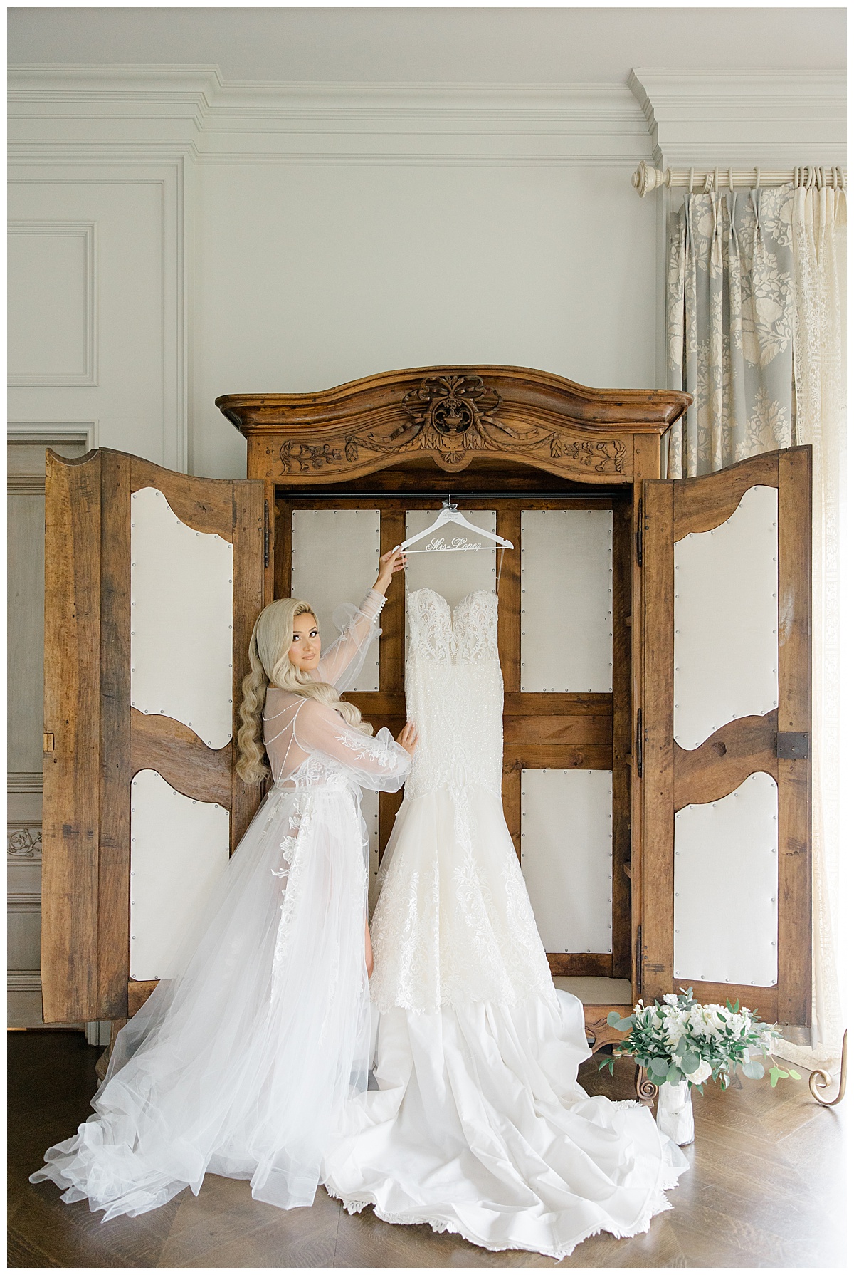 bride looking at dress at park chateau 