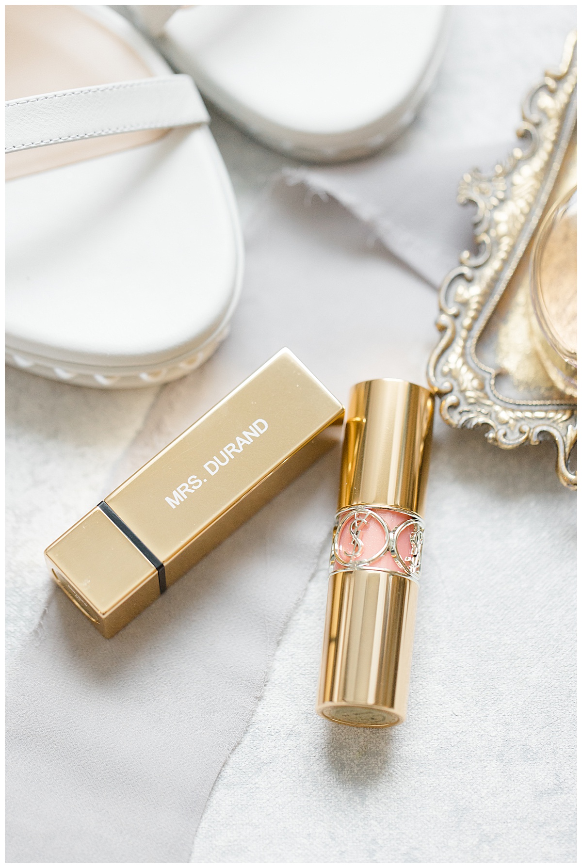 Custom YSL lipstick for wedding day in gold case. 