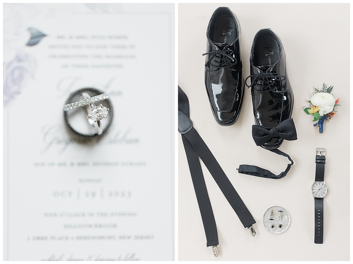 Groom black tuxedo shoes and wedding rings at The Shadowbrook at Shrewsbury.
