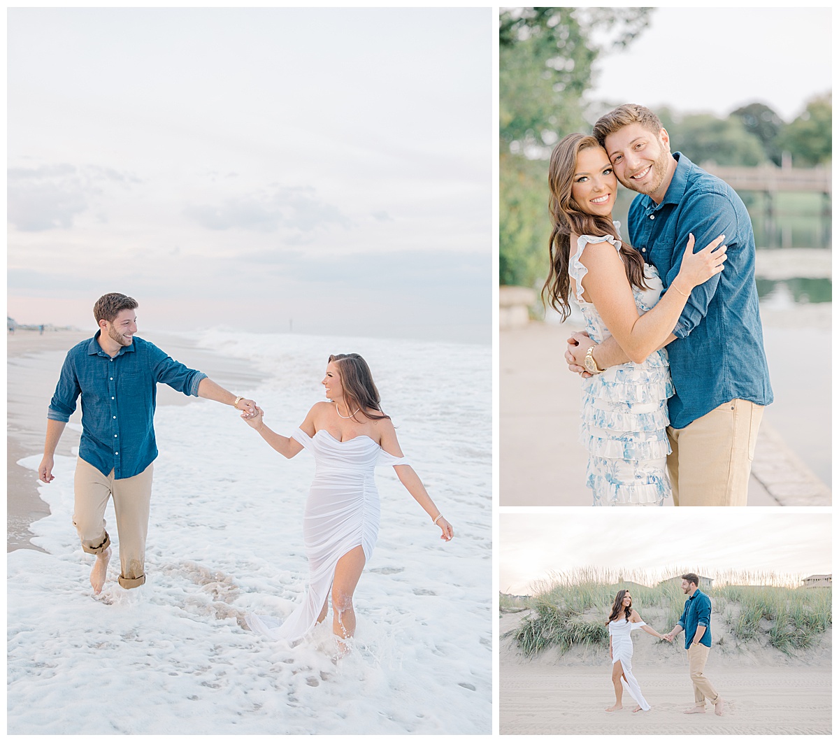 groom and bride walking in water during light and airy engagement photos 