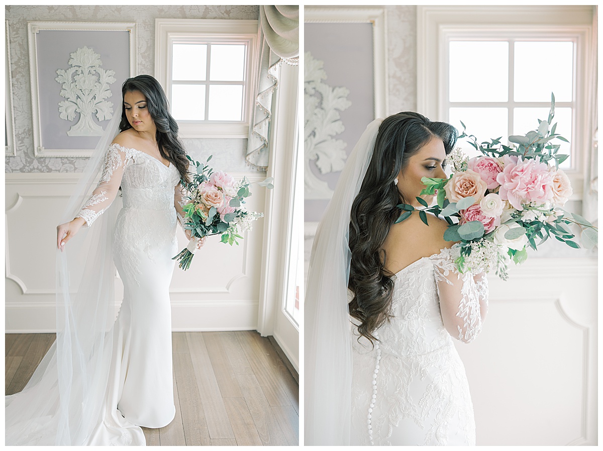 Bride withe lace sleeved dress and long veil in Mallard Island Yacht Club's bridal suite. 