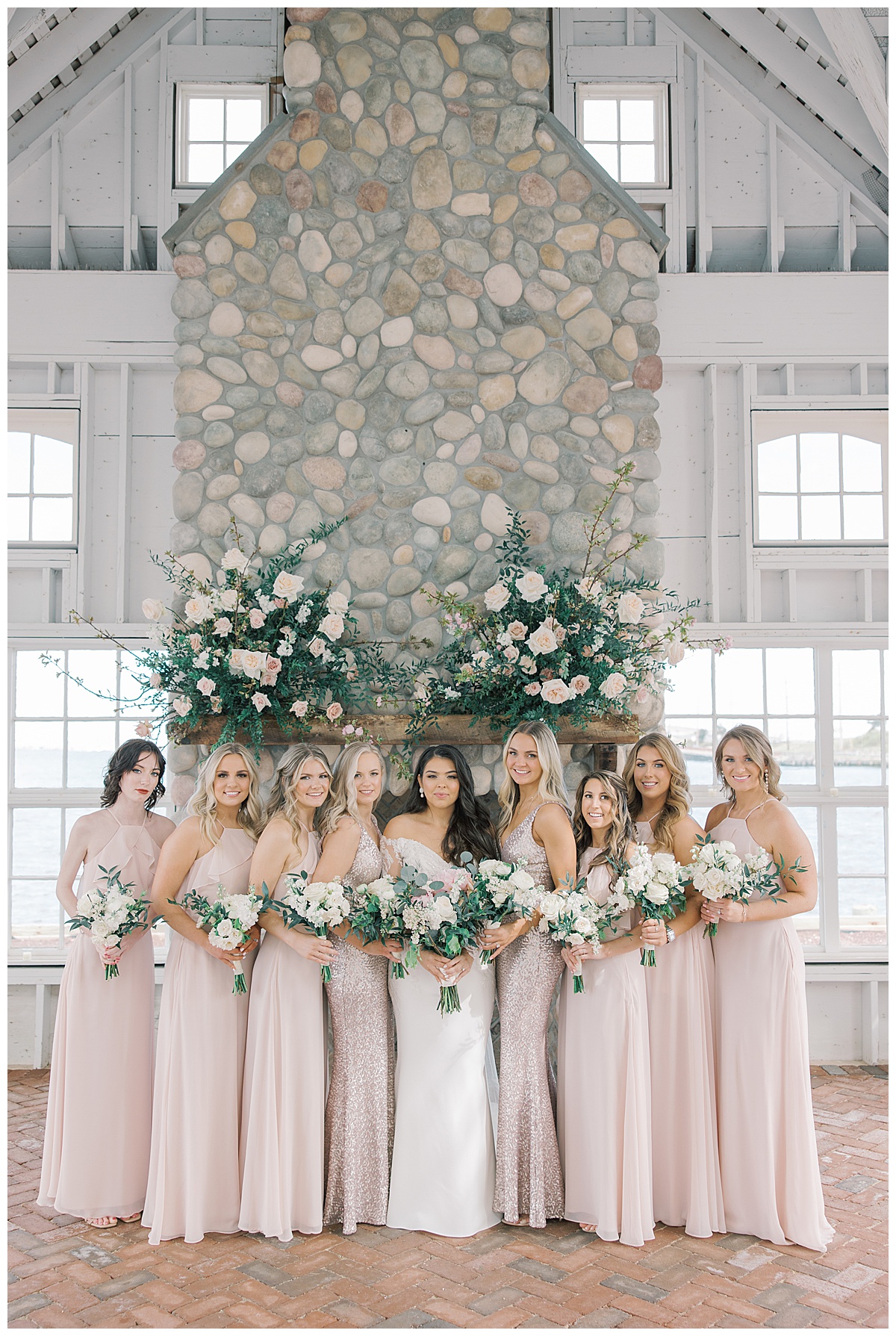 Bridesmaids in the Chapel with blush dresses and Maid of Honors in sequence at Mallard Island Yacht Club. 
