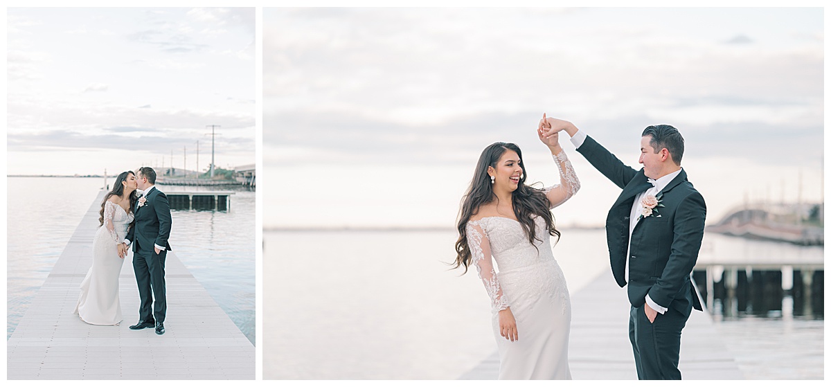 Groom twirls bride on the dock at Mallard Island Yacht Club. 