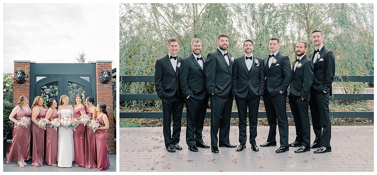 bridal party in silk mauve dresses and groomsmen in black tuxedos 