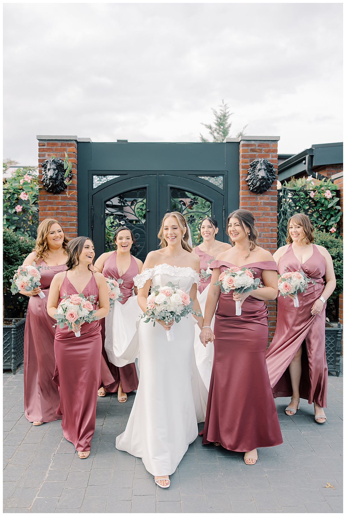 bridesmaids in silk pink dresses 