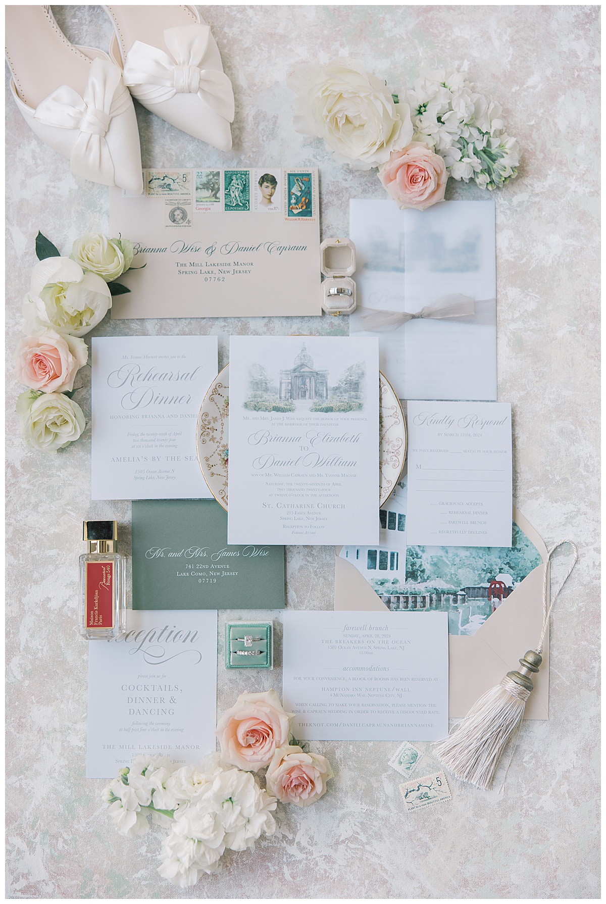 White + green invitation by suitescape design with The Mill featured on envelope. 