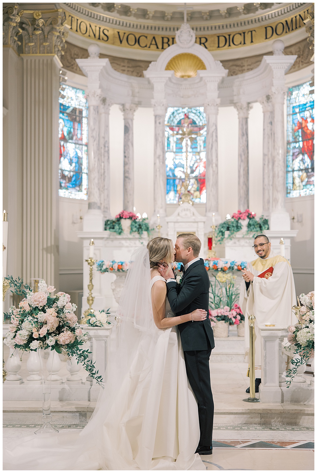 Bride and groom first kiss at St. Catharine Church in Spring Lake, NJ.