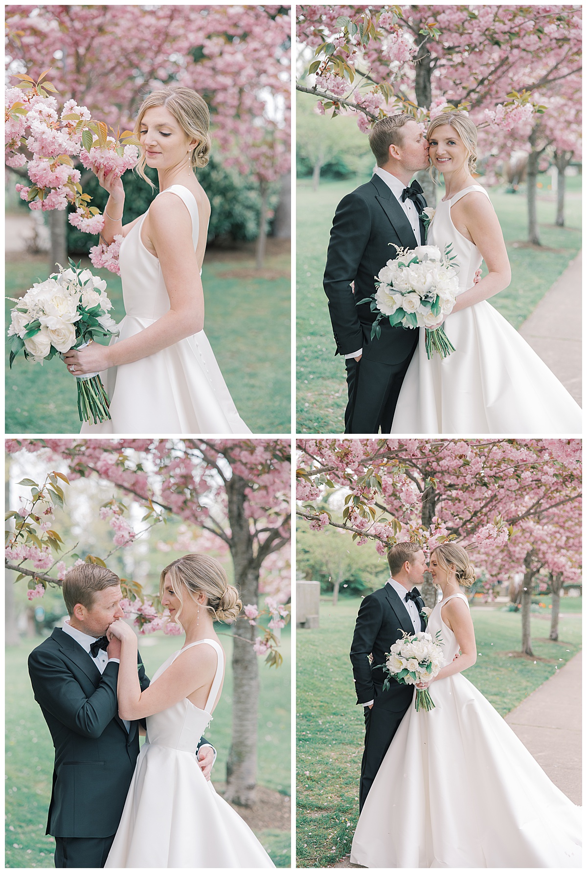 Groom kisses brides hand under cherry blossoms at Divine Park in Spring Lake.