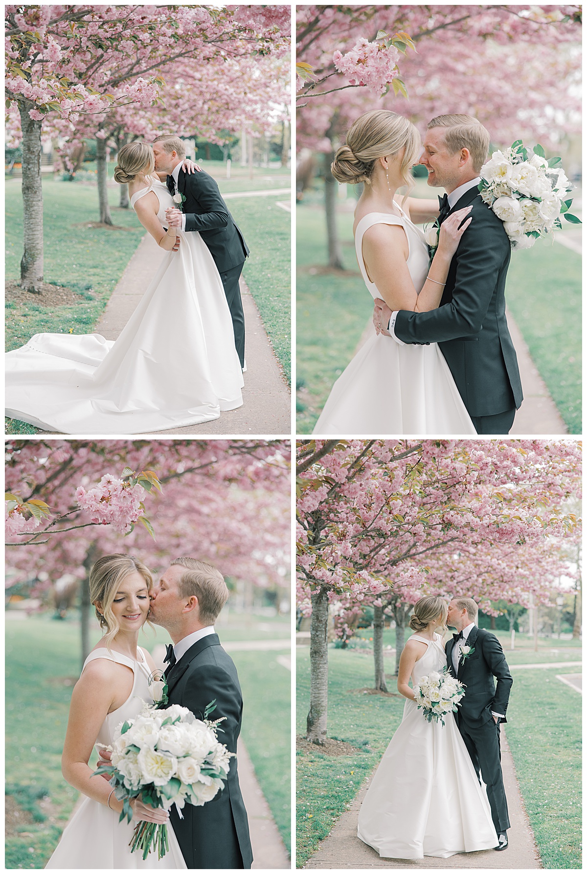 Bride and groom light and airy spring portraits with cherry blossoms at The Mill Lakeside Manor. 