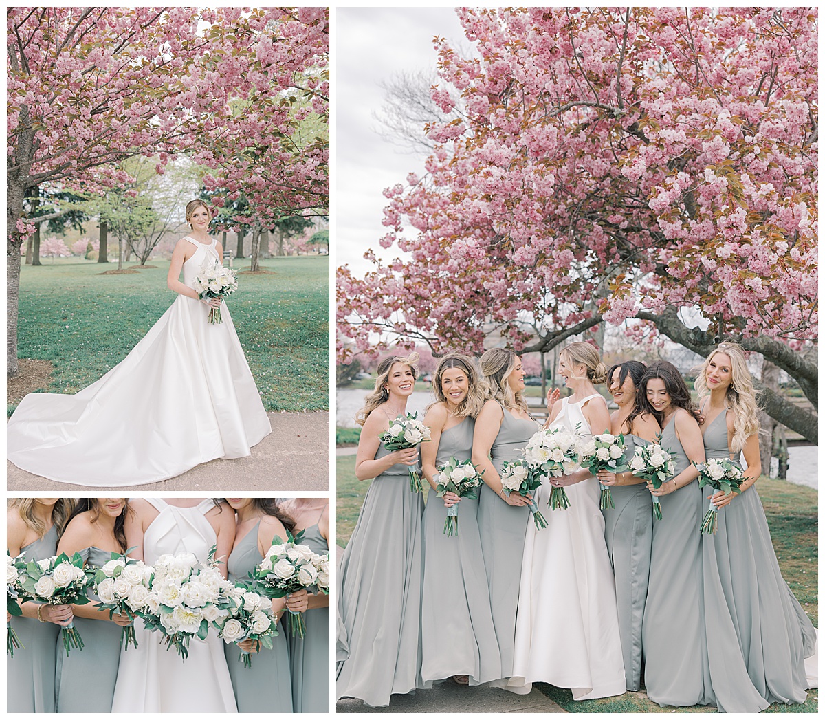 Bridesmaids in sage long dresses and white and green florals at The Mill Lakeside Manor. 