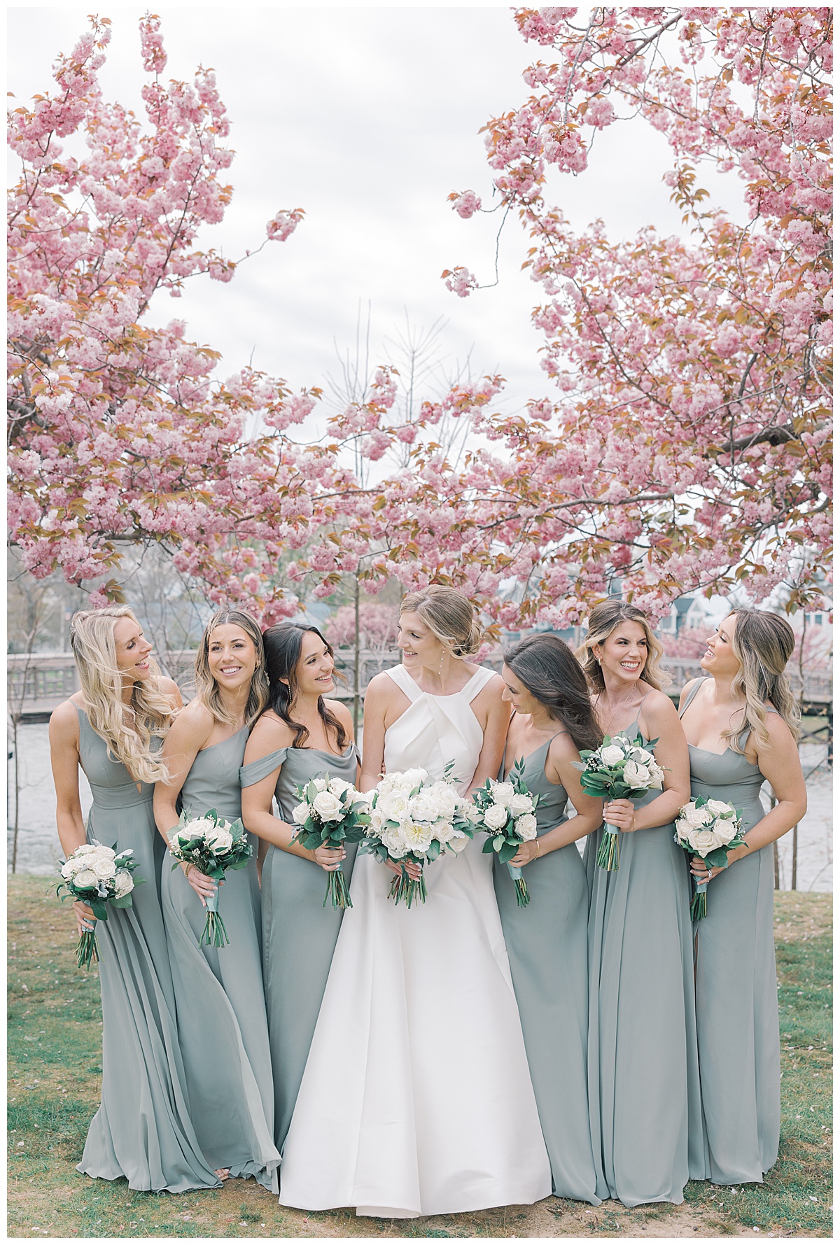 Bride with her bridesmaids under the cherry blossoms in sage dresses. 