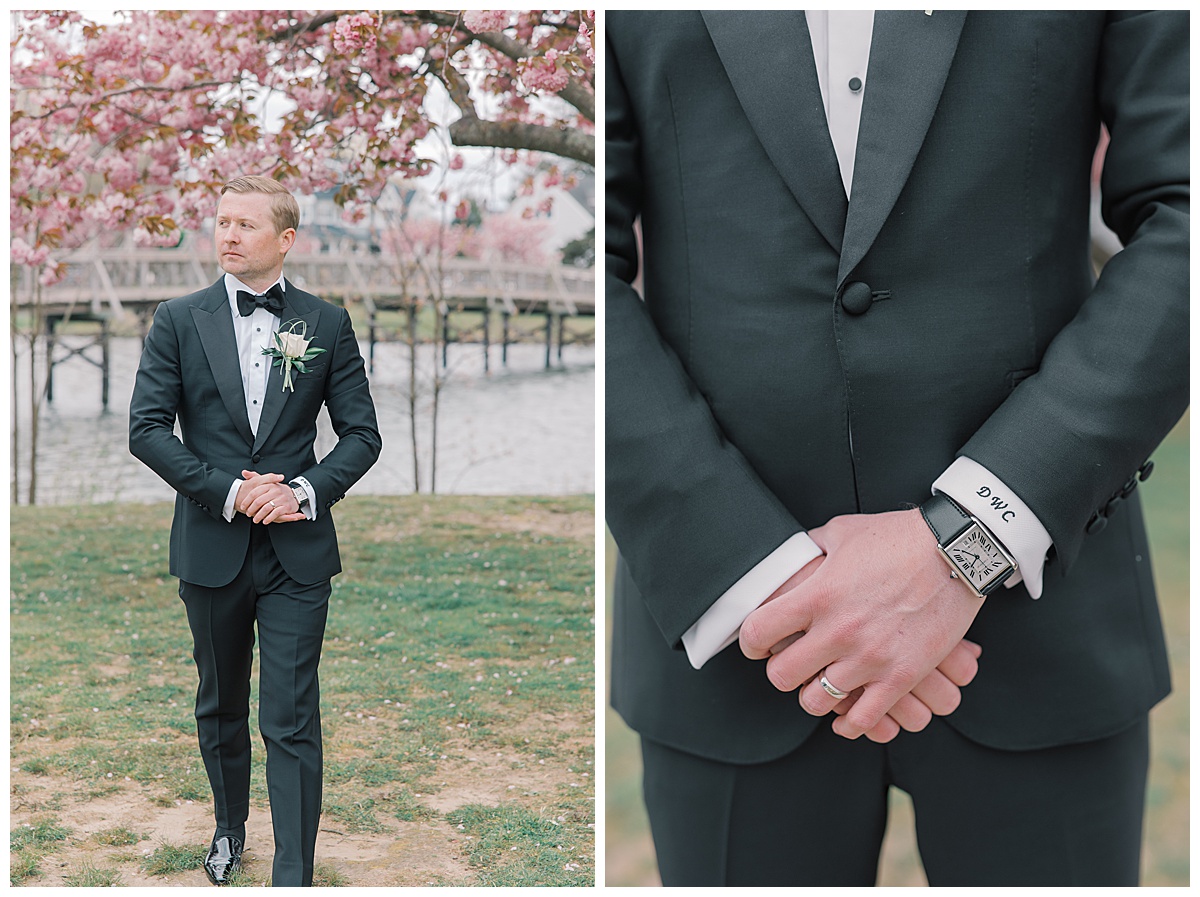 Groom custom black tux with initials on sleeve and Cartier watch.
