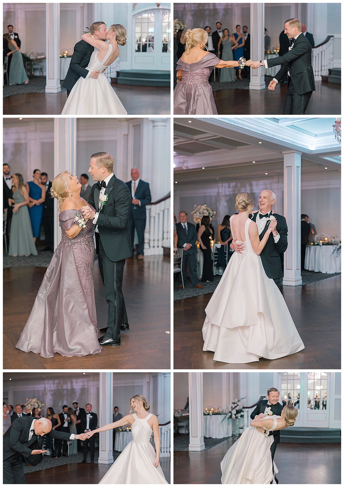 Bride shares her first dance with her groom and her dad and the groom dances with his mom at The Mill Lakeside Manor. 