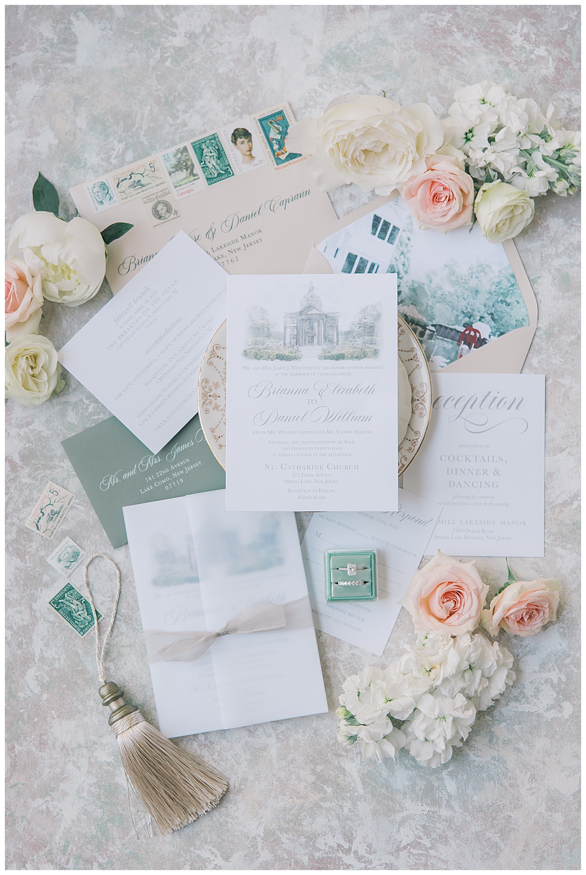 suitescape design invitation featuring st. Catharine Church on the front with sage green and white.