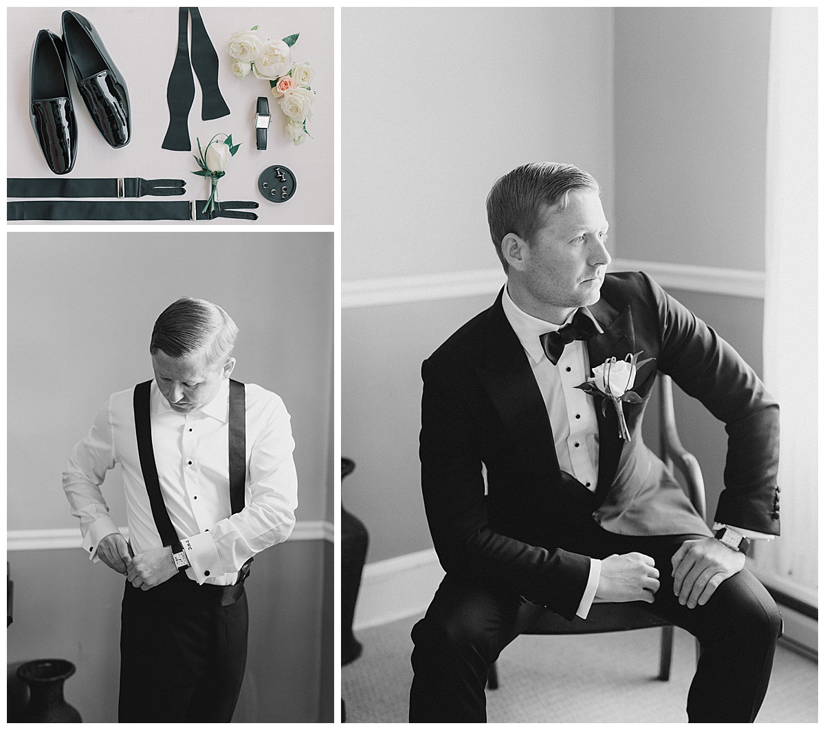groom getting suspenders on in black and white. 
