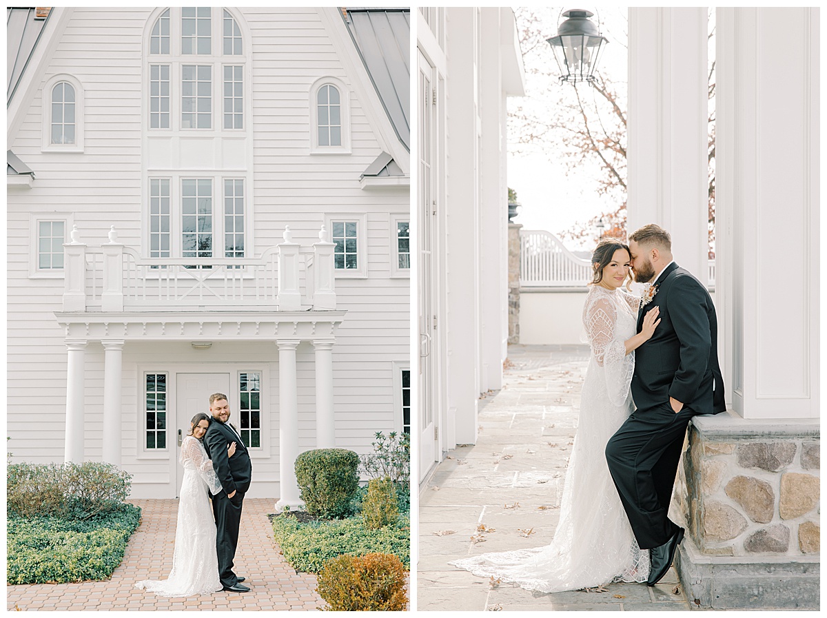 Bride and groom in front of the Kimbelwick House. 