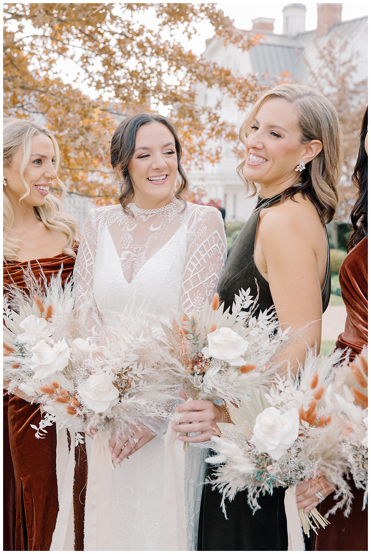 Candid moments with bridesmaids in burnt orange velvet dresses.