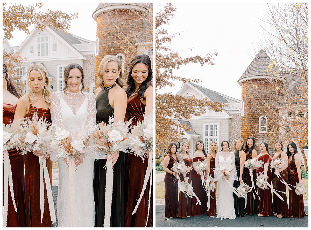 Bridesmaids wearing fall velvet dresses with boho bouquets.