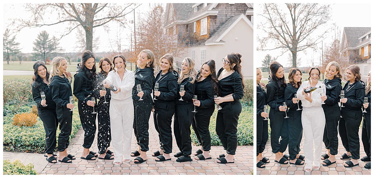 Bridesmaids in black jumpsuits popping champagne at The Ryland Inn in Whitehouse Station. 