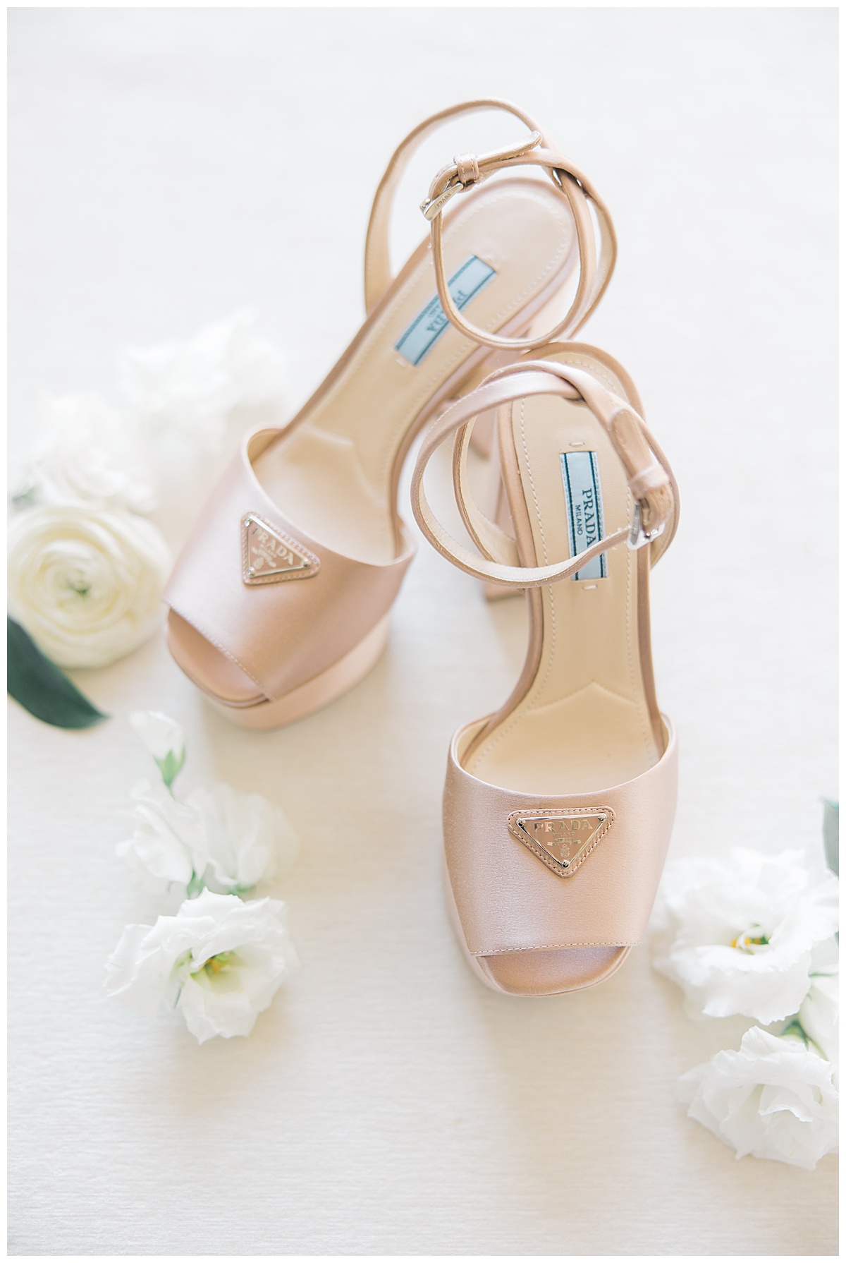 Prada satin shoes in blush for bride on wedding day at The Ryland Inn. 