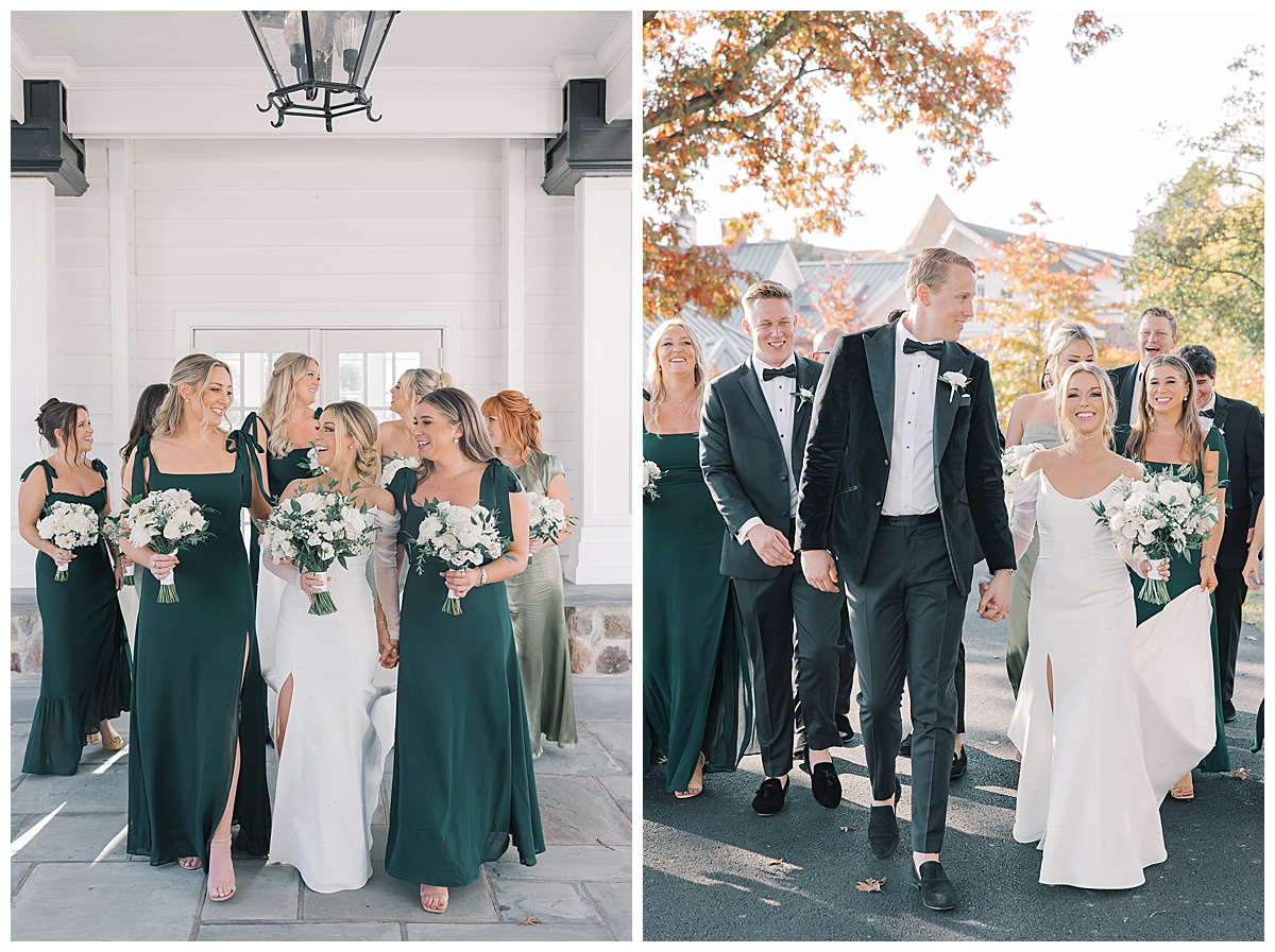 Bridal party walking together in hunter green mismatched dresses. 
