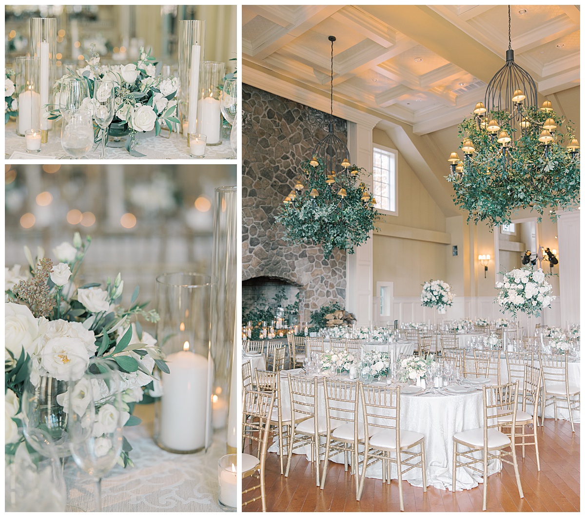 The Ryland Inn grand ballroom reception with white and green florals and greenery hanging from the chandeliers. 