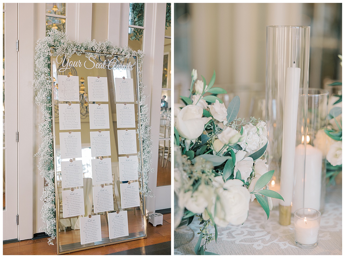 Mirrored seating chart with baby breath around it. 