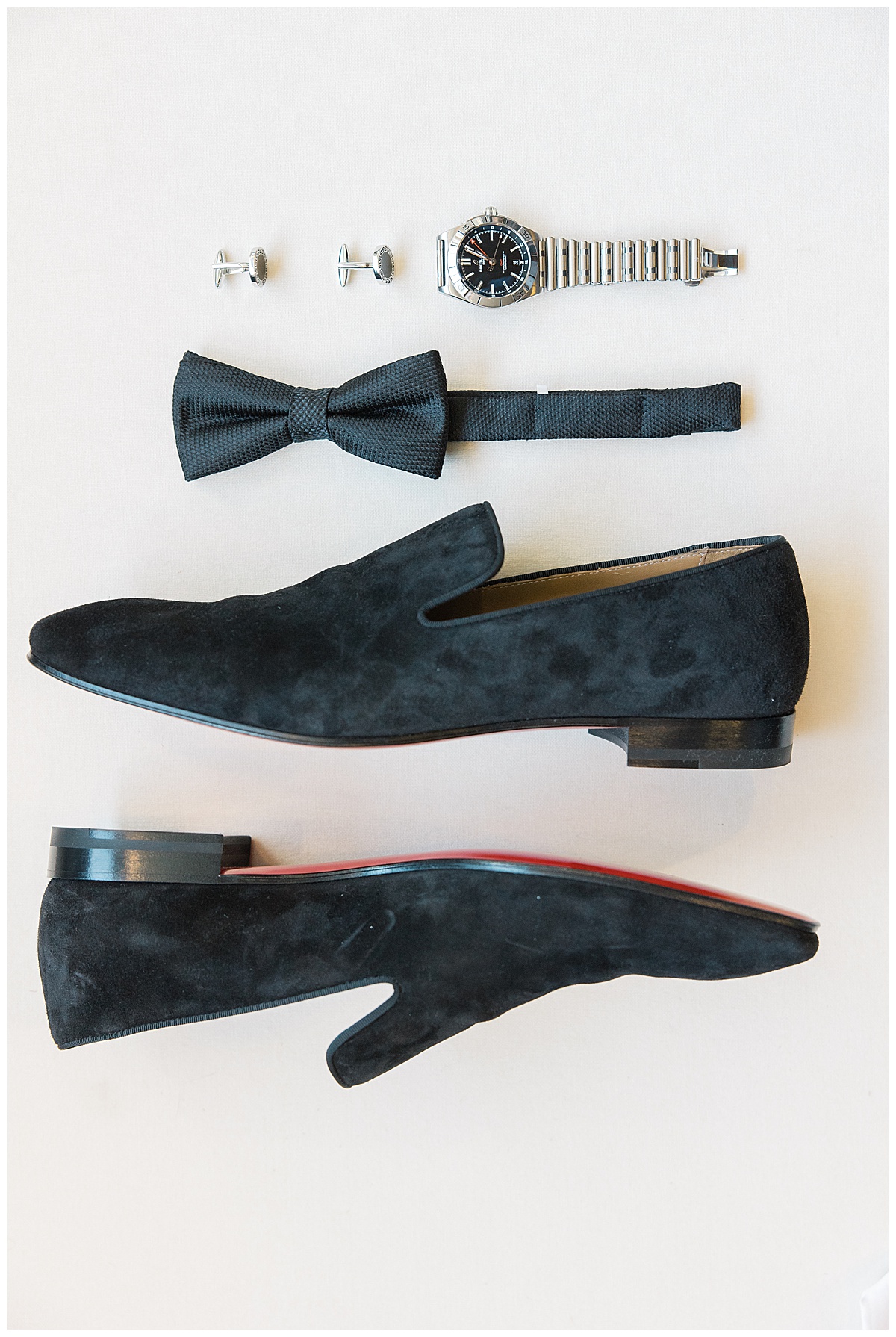 Black and white groom details with black suede louboutin shoes. 