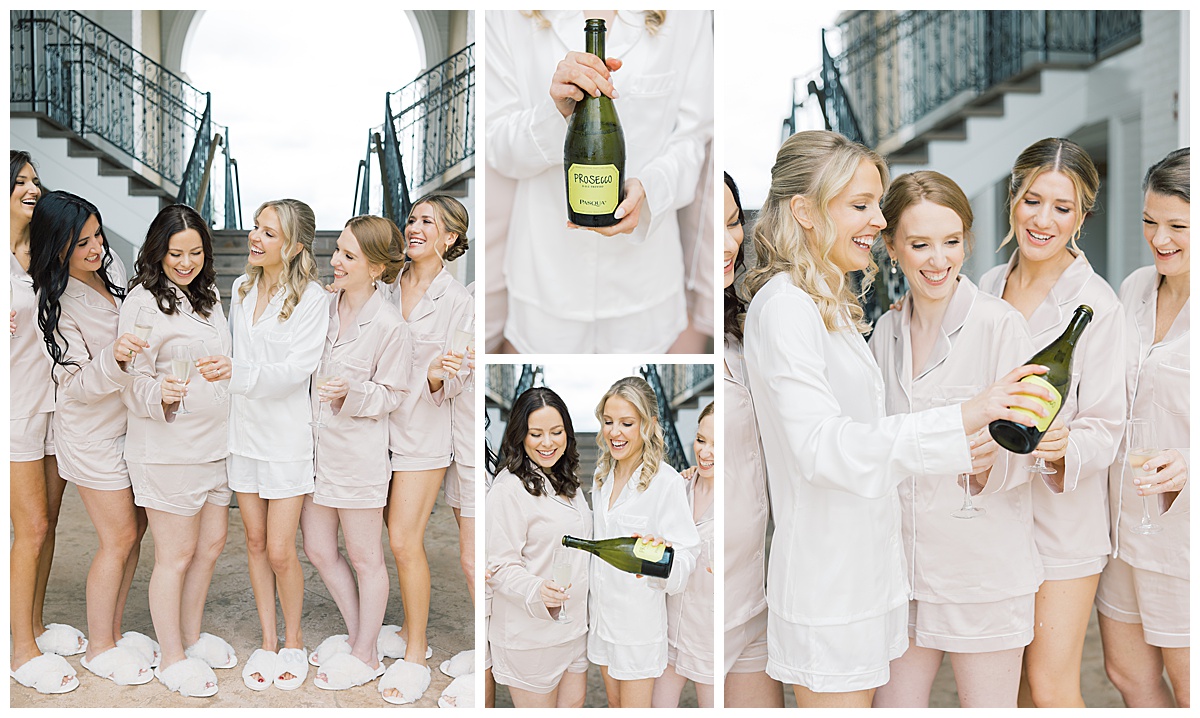 bride with her girls popping champagne in cute blush pajamas on wedding day 