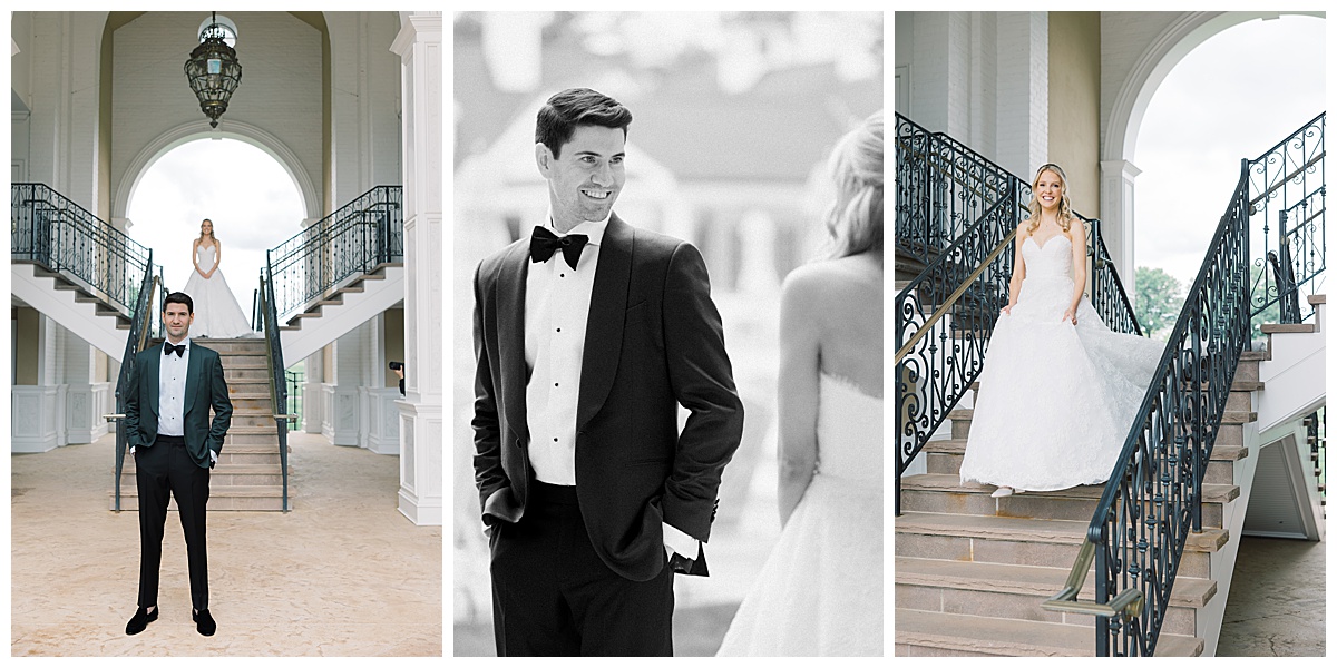 first look with bride and groom in front of stairs at Trump National Bedminster 
